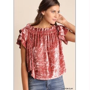 Crushed velvet off the shoulder top